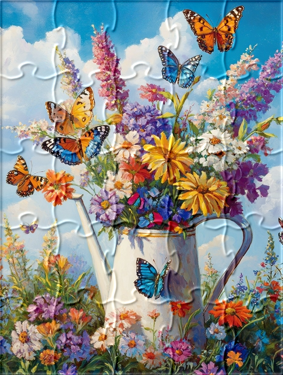Colorful Butterflies and Flowers Watering Can Puzzle