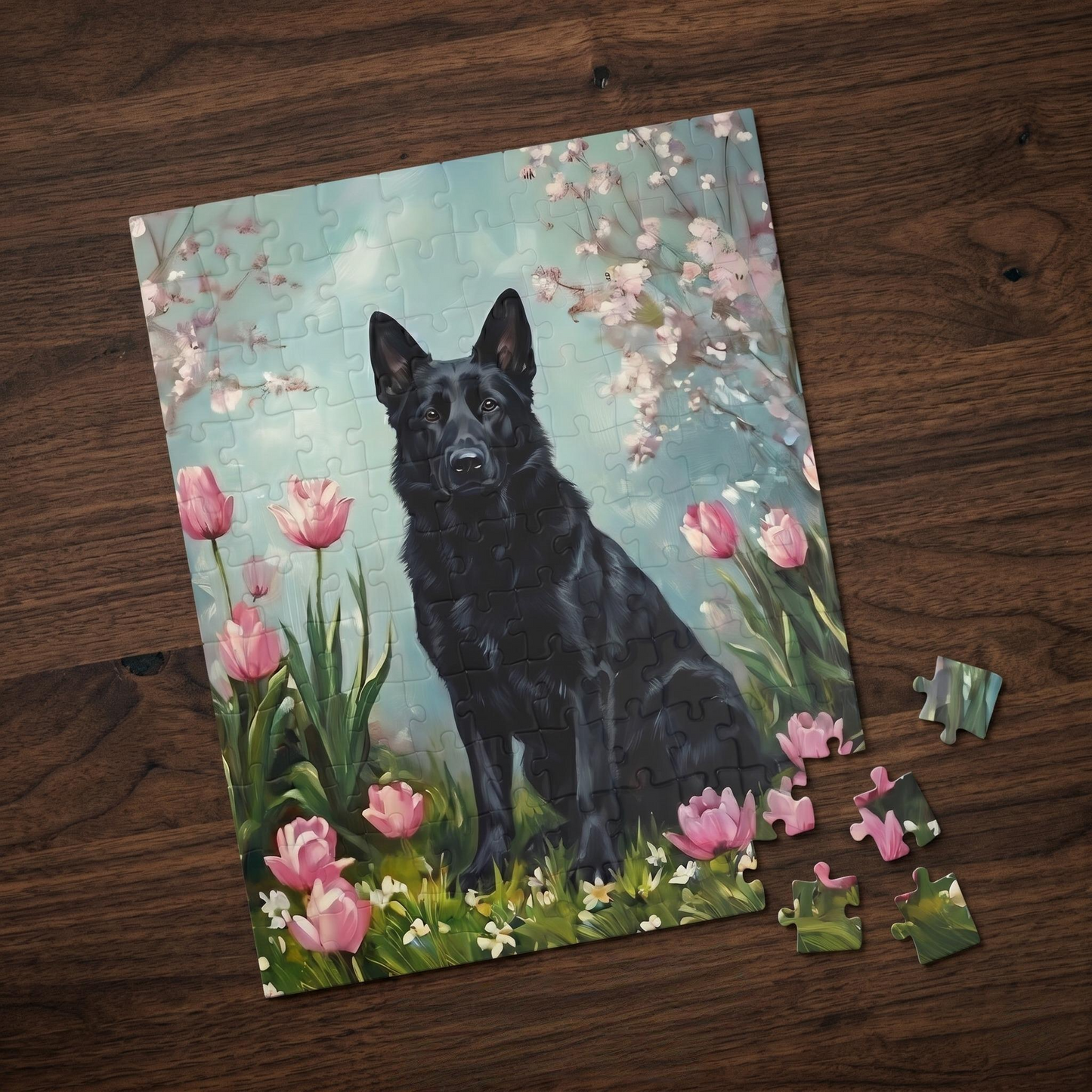Black German Shepherd Spring Garden Jigsaw Puzzle