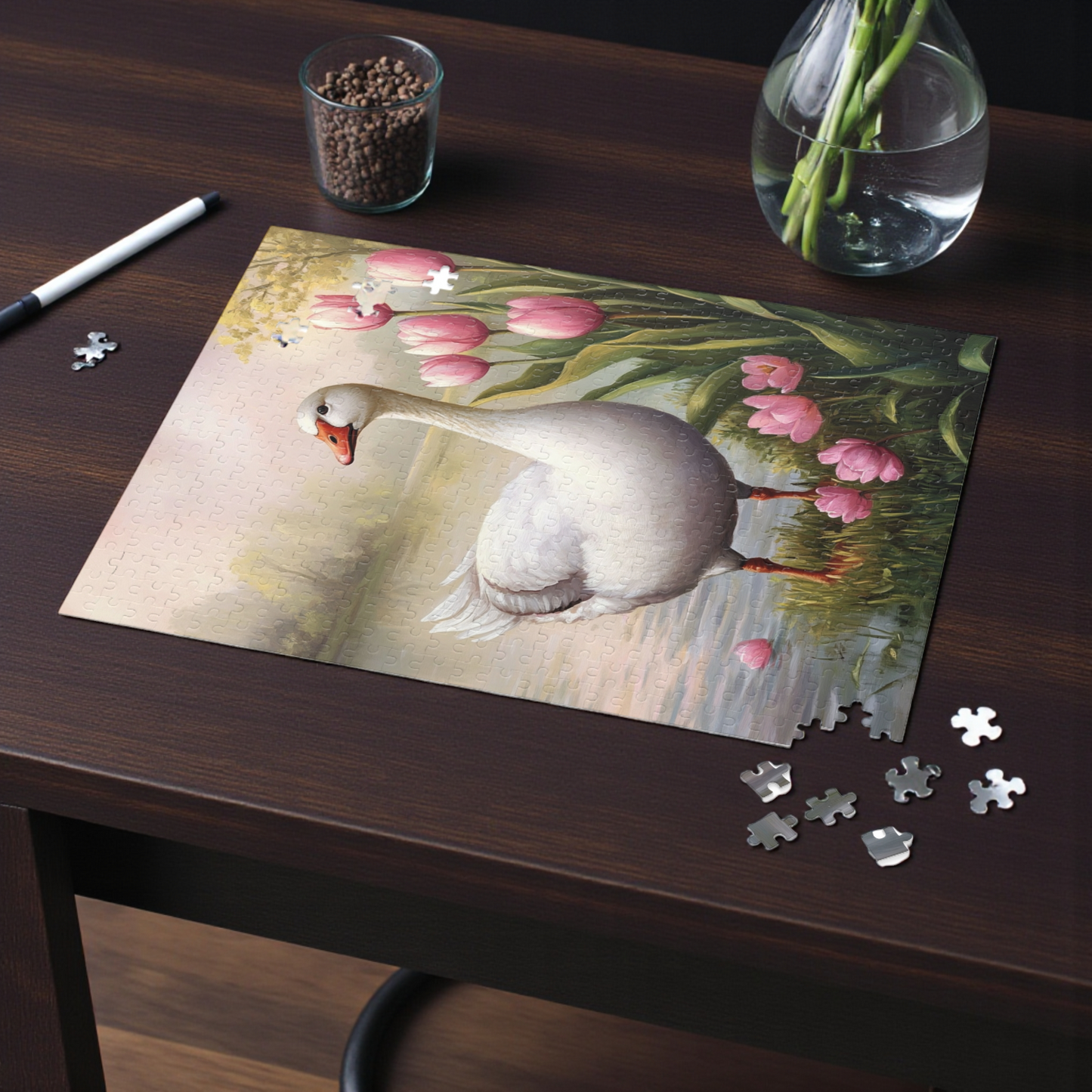 White Goose in the Pink Tulips Puzzle