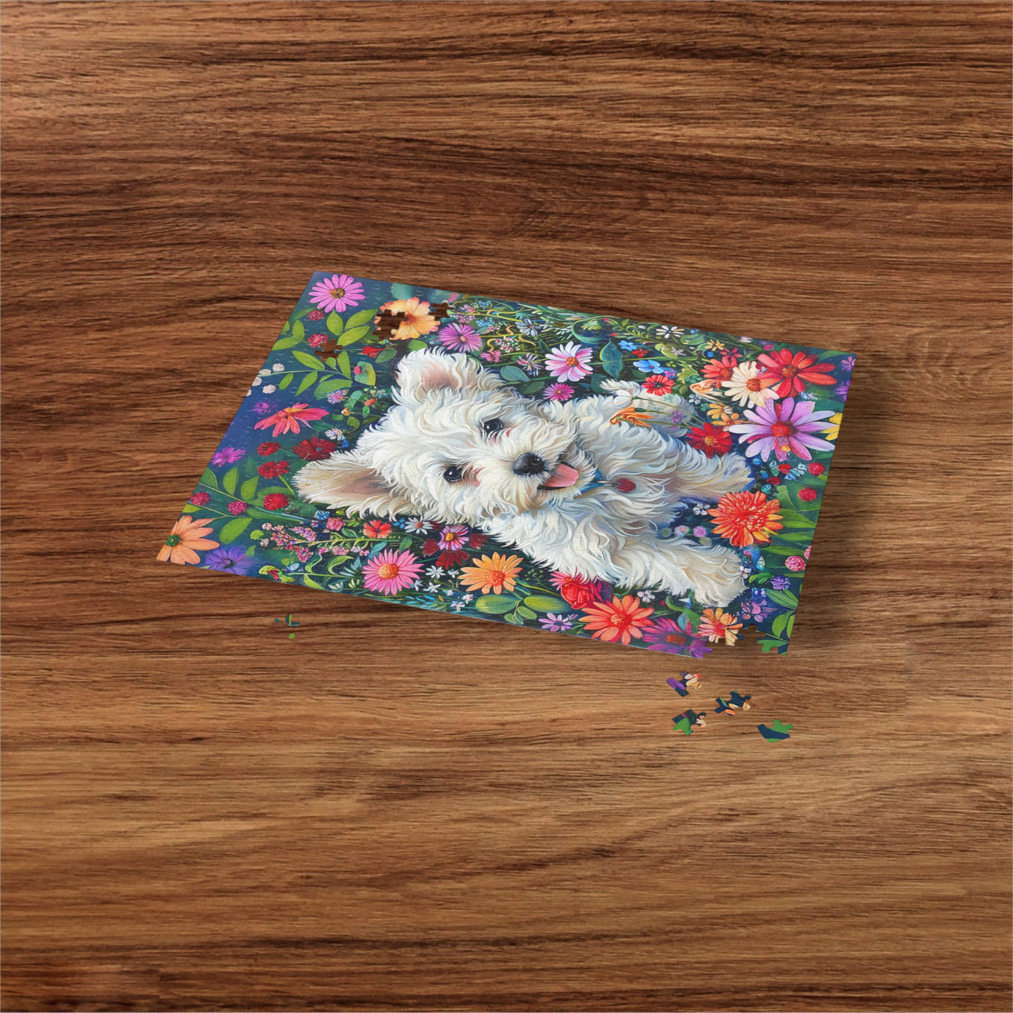 White Puppy in the Flower Garden Puzzle
