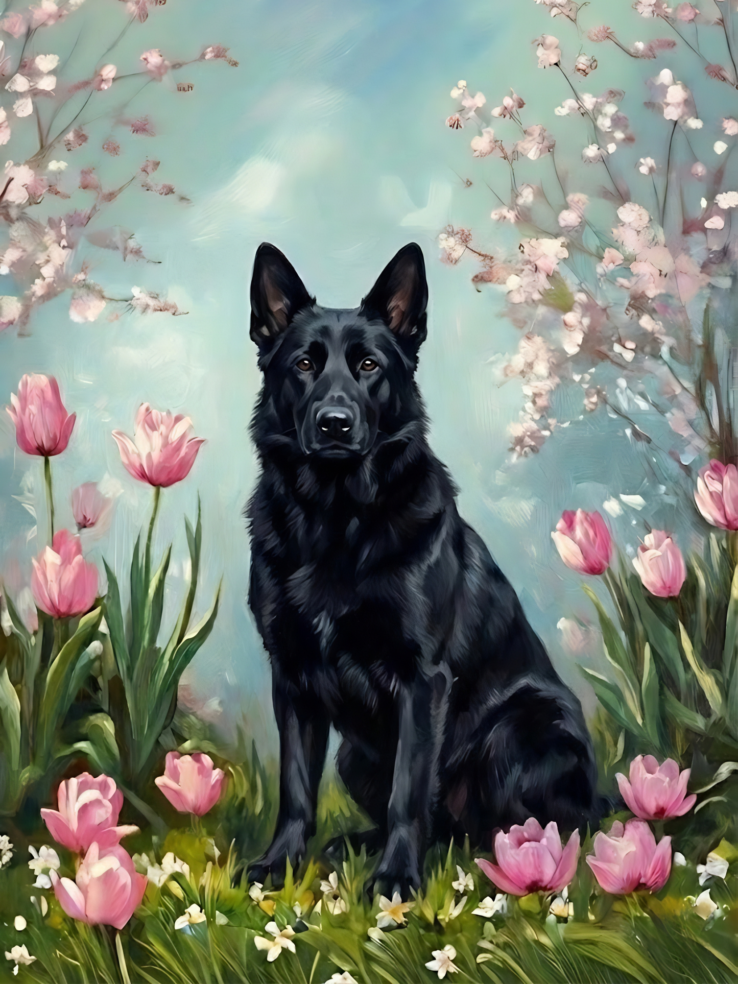 Black German Shepherd Spring Garden Jigsaw Puzzle