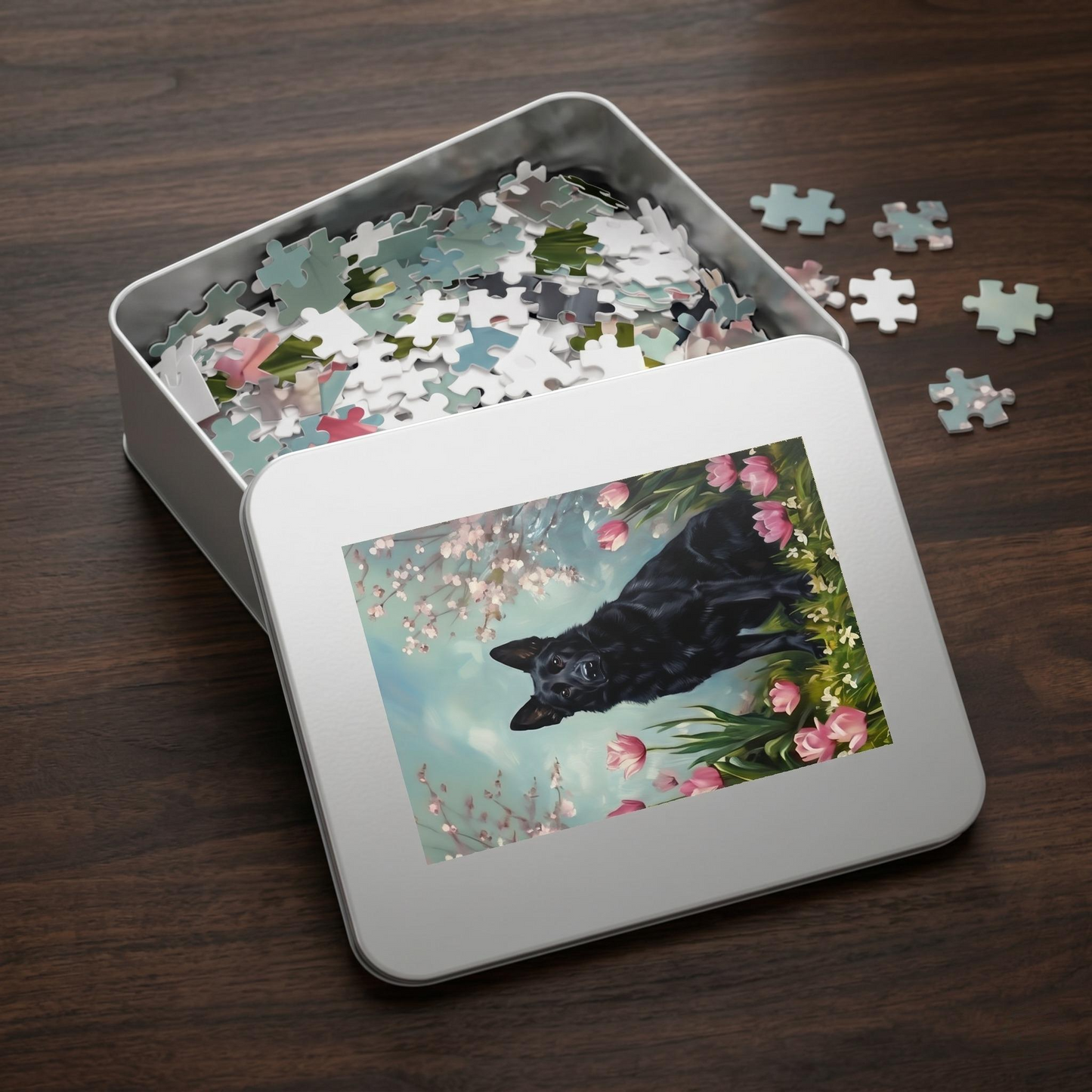 Black German Shepherd Spring Garden Jigsaw Puzzle