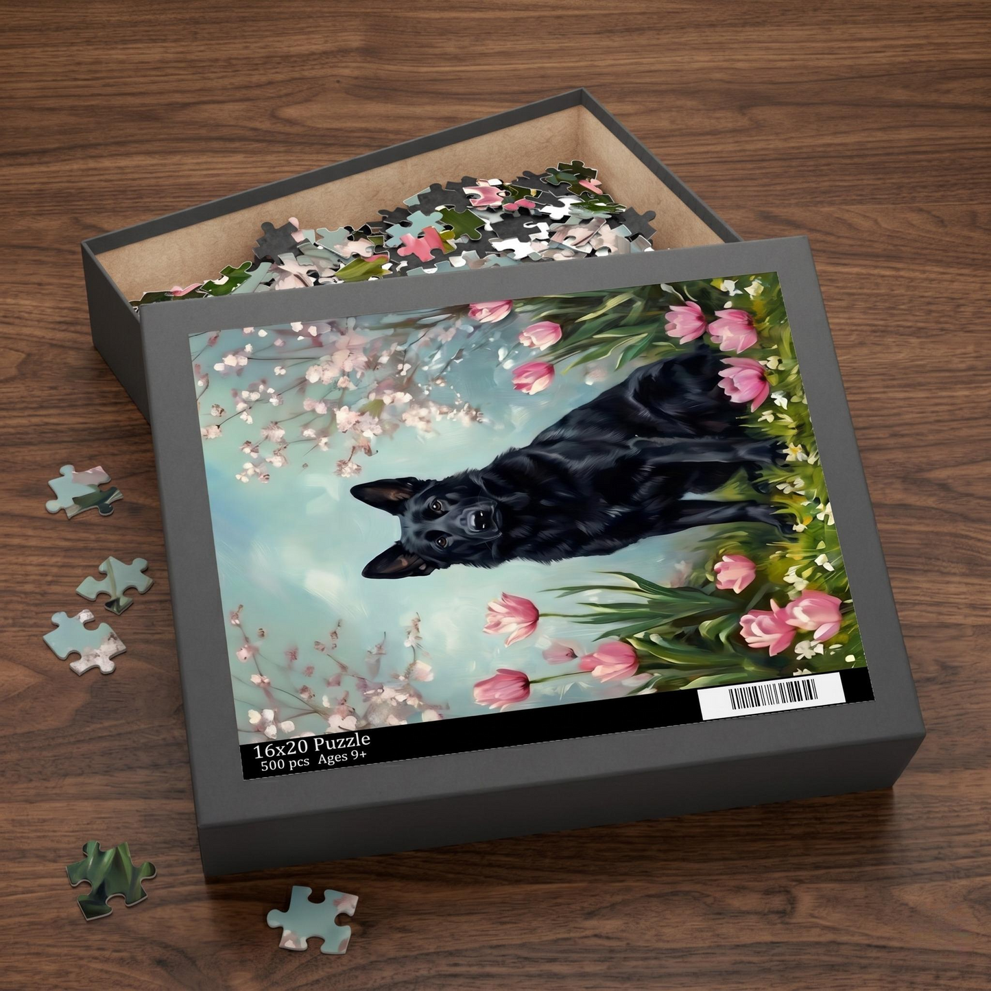 Black German Shepherd Spring Garden Jigsaw Puzzle