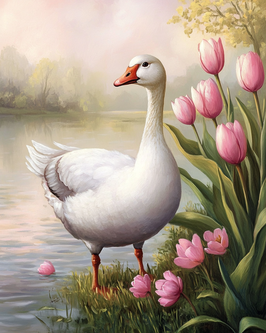 White Goose in the Pink Tulips Puzzle