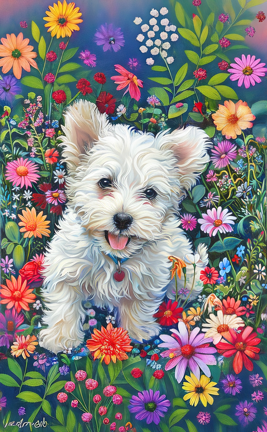 White Puppy in the Flower Garden Puzzle