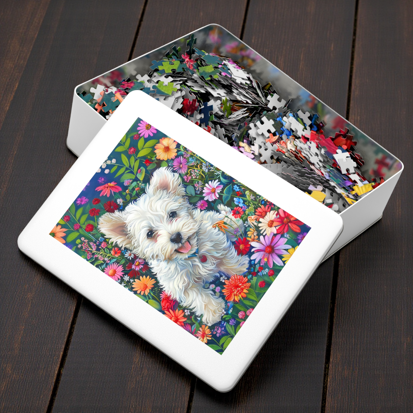 White Puppy in the Flower Garden Puzzle